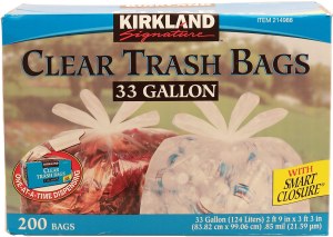 Kirkland Signature clear trash bags with smart closure, 33 gallon 200 count