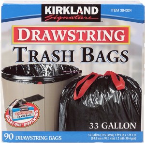 Kirkland Signature drawstring trash bags, 33 gallon, 2-ft 9-in, 3-ft 3-in 90 count