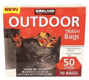 Kirkland Signature trash bags, outdoor, tie closure, 45-55 gallon cans 70 count