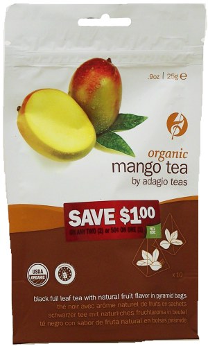 Adagio mango tea, black full leaf tea with natural fruit flavor in 10 pyramid bags 0.9 ounce